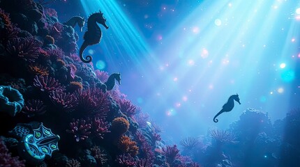 Iridescent colors illuminate a breathtaking coral reef, surrounded by seahorses