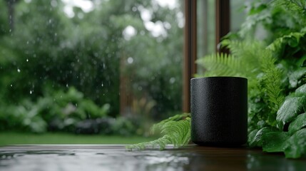 Dark mug on wooden table, rainy day garden view