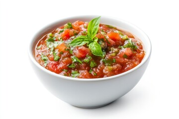 Fresh Homemade Salsa in White Bowl Garnished with Basil Leaf