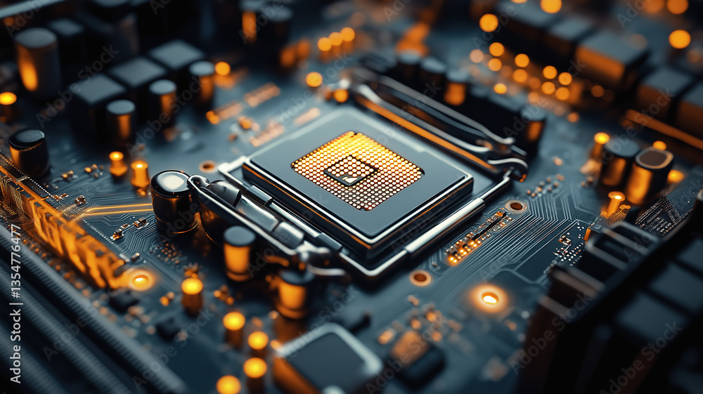 Poster high-resolution detailed view of a computer motherboard with golden highlights and advanced features