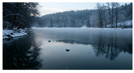 Frozen Lake in Winter with Snow-covered Trees and Reflections