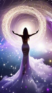vertical 9:16 A radiant astral goddess with flowing cosmic hair weaves constellations into existence with her celestial fingertips. Stars spiral outward from her hands, forming new galaxies