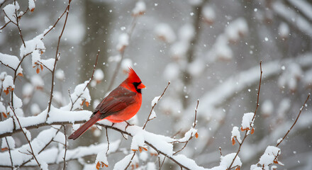 Cardinal Sitting on Snowy Branch During a Winter Snowfall Day