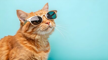 "Close-up portrait of a funny ginger cat wearing sunglasses, isolated on a light cyan background with plenty of copyspace."