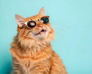 "Close-up portrait of a funny ginger cat wearing sunglasses, isolated on a light cyan background with plenty of copyspace."