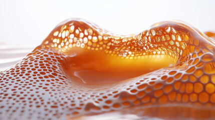 Fototapeta premium A swirl of molten amber resin spreading across a smooth surface, semi-transparent, with intricate honeycomb-like formations appearing in select areas