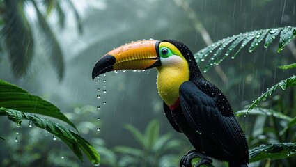 Naklejka premium Toucan with Raindrops on Its Feathers, Misty Tropical Jungle, Soft Diffused Lighting