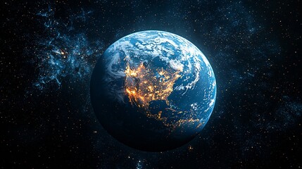Fototapeta premium Stunning Earth from Space Night View with Glowing Cities and Starry Background in Dark Universe
