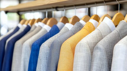 Obraz premium Variety of Colorful Suit Jackets Hanging on Wooden Hangers in a Clothing Store