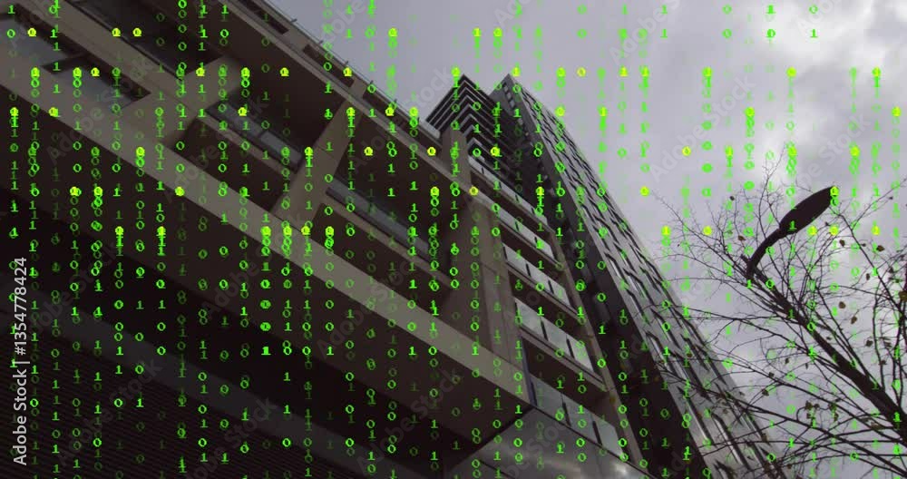 Poster green binary code animation over modern building and tree against cloudy sky