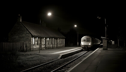 Fototapeta premium Night train arriving at a deserted, quaint stone station. A solitary light illuminates the scene, creating a moody and atmospheric image.