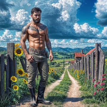 Muscular shirtless farmer with tattoos stands on a dirt path lined with sunflowers, overlooking rolling hills under a dramatic sky. Rugged, rustic, strong, and scenic countryside charm.