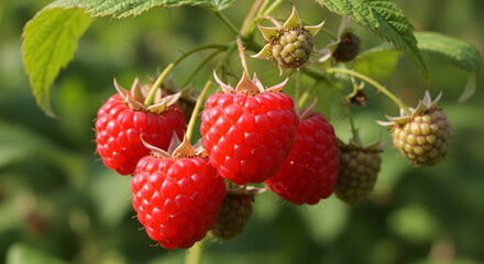 Ripe Raspberries on the Branch Closeup in Natural Garden Setting