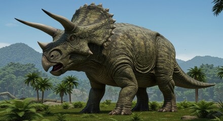 Fototapeta premium A majestic triceratops stands in a lush prehistoric landscape, surrounded by vibrant ferns and palm trees, set against rolling hills and a clear blue sky.