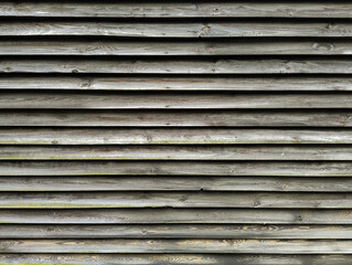 Powierzchnia ściany wykonanej ze starych desek zagruntowanych w przeszłości ciemnym podkładem. Część desek jest częściowo spruchniałych i pokrytych mchem. © boguslavus