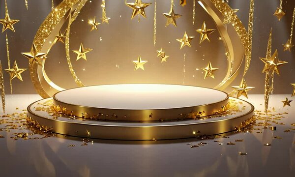 Award party stage golden stage glitter animation. stars, lights and particles. Luxury gold light star