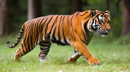 Obraz premium Majestic tiger walking in green forest.