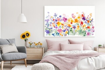 Colorful watercolor floral art print above bed.
