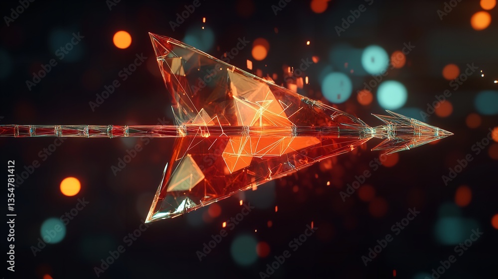 Poster geometric arrow with glowing red and orange hues against a dark bokeh background design element