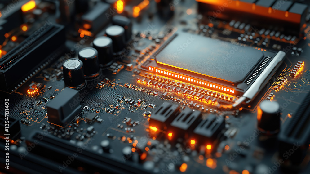 Poster detailed shot of a computer motherboard with visible internal components for educational context