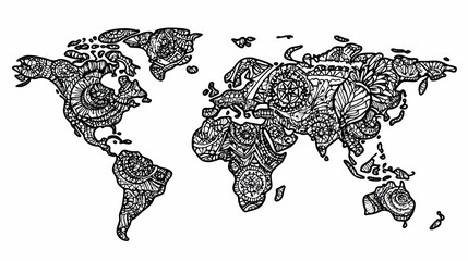 Intricate Zentangle World Map illustration, black ink on white background, global travel design.