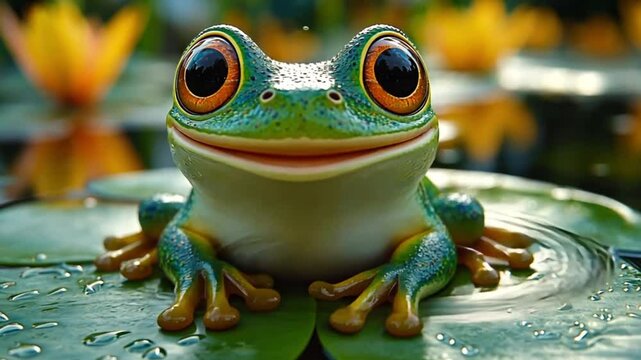 Happy cartoon frog on lily pad, pond background, cute, nature, whimsical, for children's book or greeting card