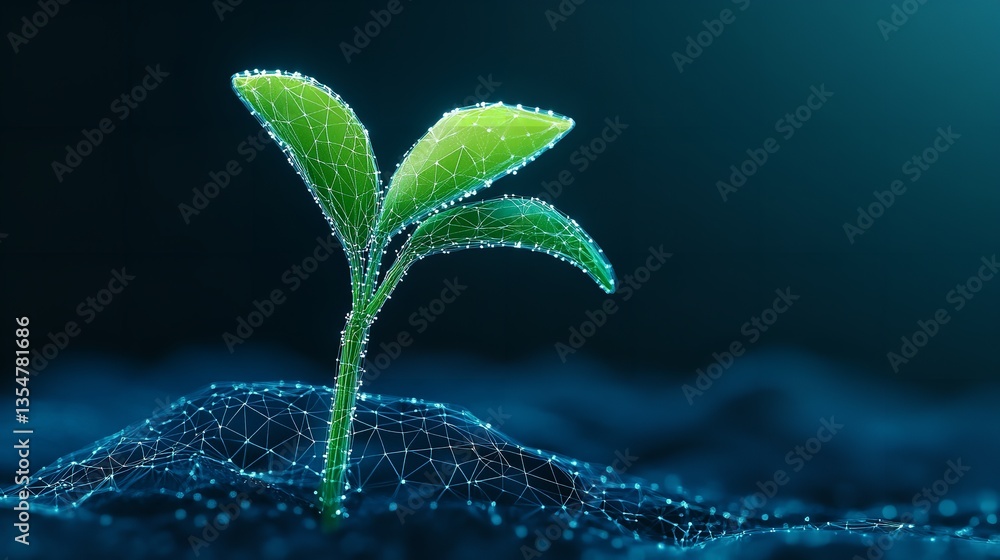 Poster digital rendering of a green plant growing from a network on a dark blue background with glowing nod
