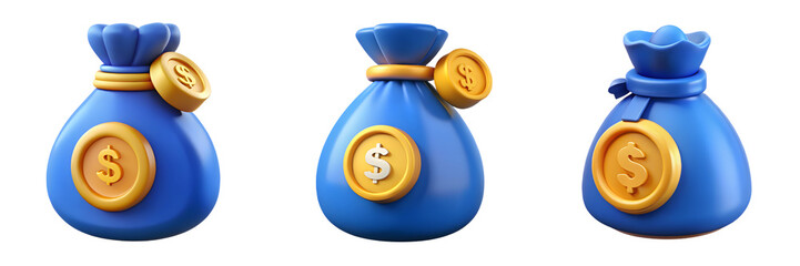 Three plump blue money bags overflowing with golden dollar coins symbolize financial success and wealth with a playful 3D design.