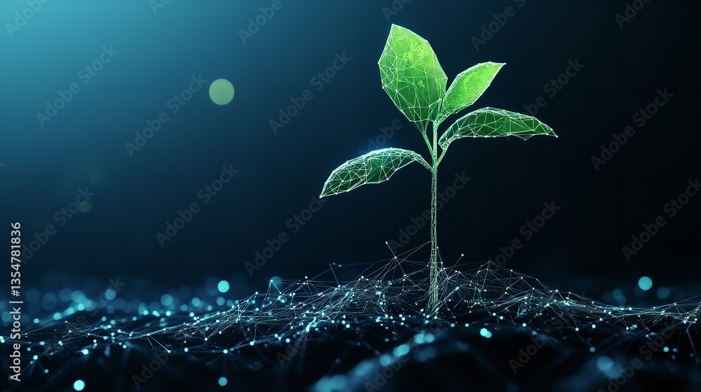 Poster digital rendering of a green seedling growing from interconnected nodes on a dark blue background