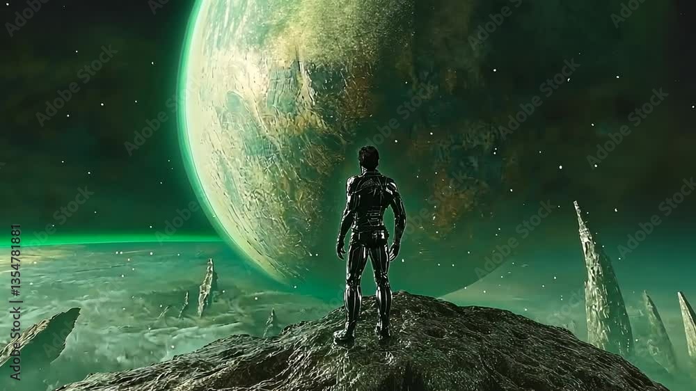 Poster exploration of distant planets by a lone spaceman in outer space generative ai