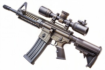 An AR 15 style assault rifle with a scope on a white background