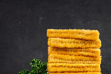 Fish sticks seafood dish fresh delicious gourmet food background on table rustic food top view copy space keto and paleo pescetarian diet