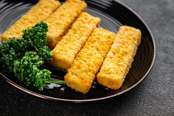 Fish sticks seafood dish fresh delicious gourmet food background on table rustic food top view copy space keto and paleo pescetarian diet