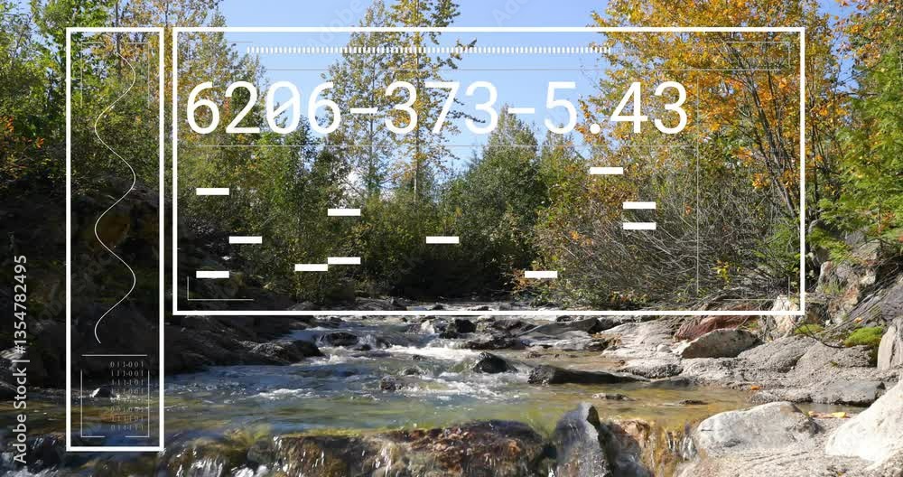 Poster Flowing stream in forest with numerical data and patterns overlay animation