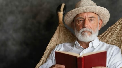Social security retirement and support, A serene older man in a hat reading a book while lounging in a hammock, embodying relaxation and leisure.