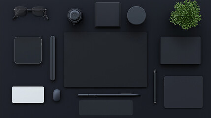 Minimalist Workspace: A sleek arrangement of modern office supplies on a sophisticated dark background. showcasing organization and style.