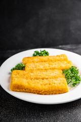 Fish sticks seafood dish fresh delicious gourmet food background on table rustic food top view copy space keto and paleo pescetarian diet