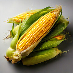 Fresh Yellow Corn Cobs with Green Husks on Neutral Background