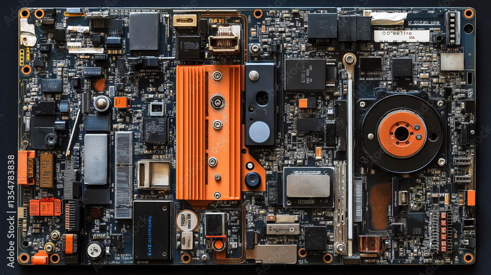Poster disassembled hard disk drive with visible components perfect for computer hardware education