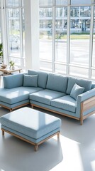Fototapeta premium Blue sectional sofa with a wooden ottoman sits in front of a large window