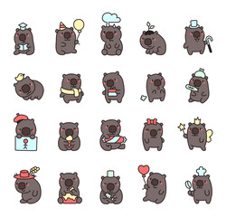 Cute kawaii wombat characters with happy cartoon emotions for fun, joy, entertainment, expressions, lifestyle, activity, creativity, playful, cheerful, friendly, smiling, mood, happiness