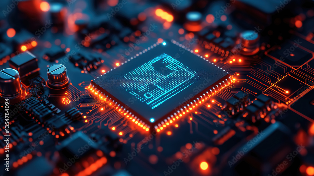 Poster glowing blue circuits on a futuristic cyberpunk microchip within an abstract technology environment