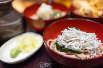 Japanese soba noodle dish garnished with whitebait fish and greens, part of a traditional teishoku meal