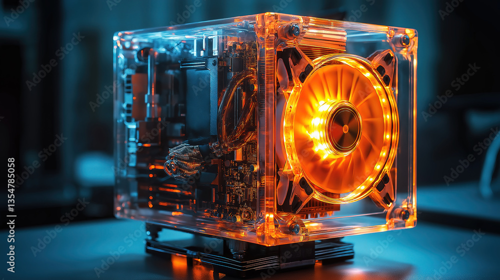 Poster illuminated transparent cube with internal cooling fan and intricate components glowing