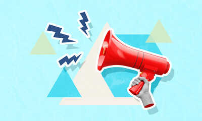 Lightning bolts flying out of megaphone in woman's hand on turquoise background, creative art collage. Special occasion, announcement, sale or rumors