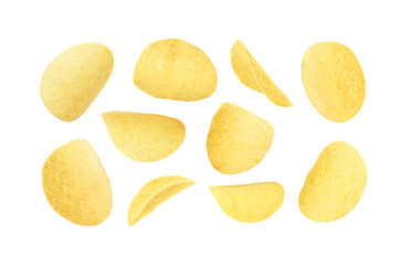 Tasty crispy potato chips on white background, collage