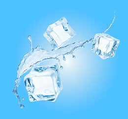 Ice cubes and splashing water on light blue gradient background