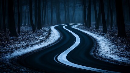Winding road through a dark, foggy forest in winter.