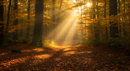 Obraz premium Sun Rays Shining Through Trees in Autumn Forest with Fallen Leaves