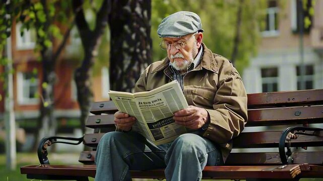 Elderly caucasian senior man in flat cap reading newspaper while sitting on park bench under trees in urban setting. Concept peaceful retirement life, slow living, grandpa core style